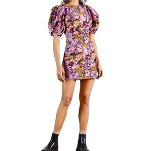 Nwt Ted Baker Flickl Short Puff Sleeve Printed Mini Dress Black Pink 1 US 4